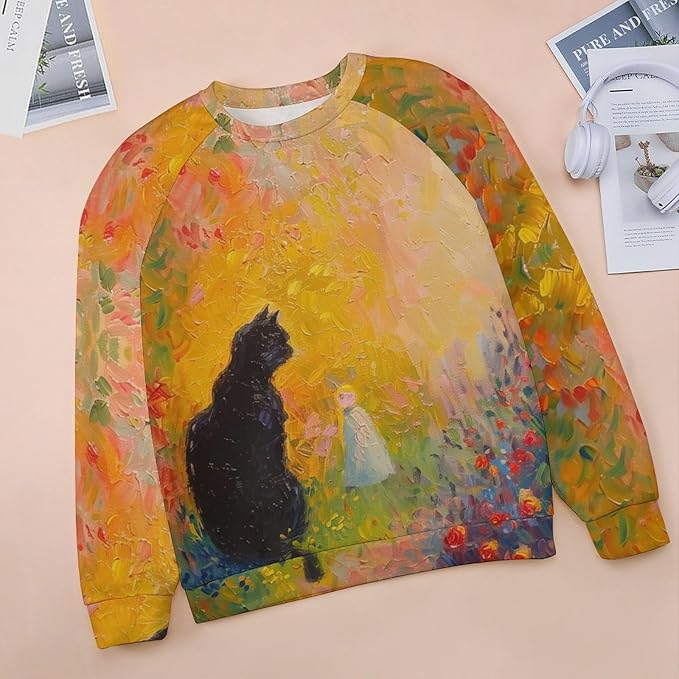 Spatofa Womens novelty funny cat printed crewneck sweatshirt casual loose long sleeve graphic pullover sweatshirts tops
