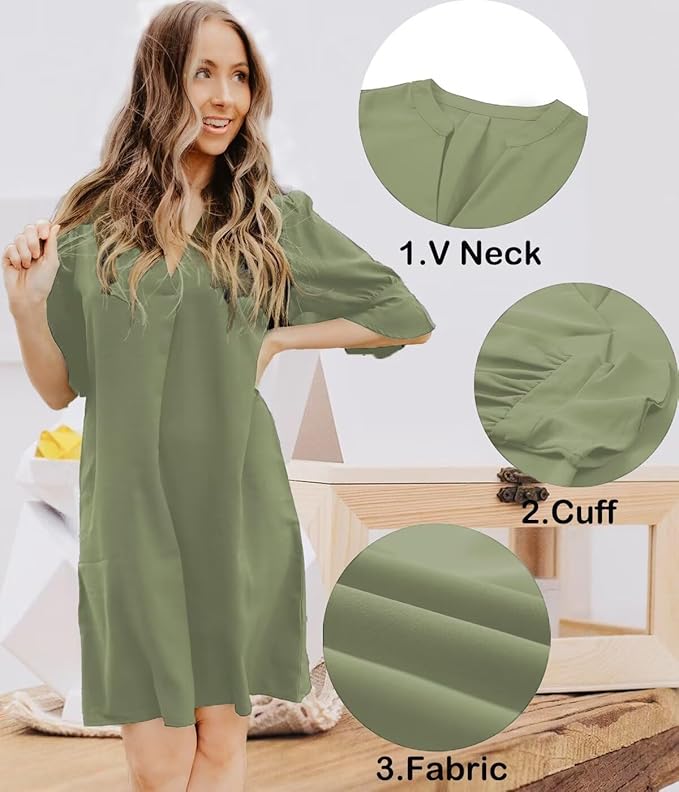 Wkior Shift Dress for Women V Neck Short Sleeves Solid Color Casual Flowy Summer Dresses(S-2XL)