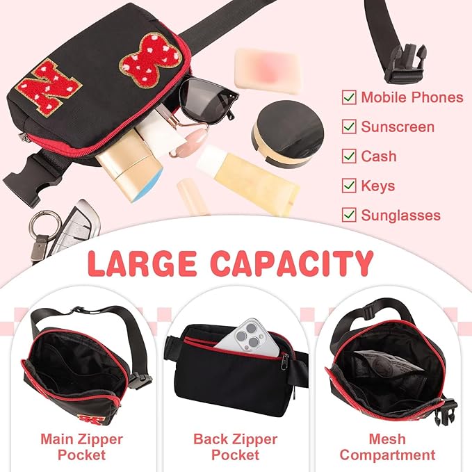 Initial Letter Bow Mouse-Ear Fanny Pack for Teen Girls,Cute Chenille Belt Bag Crossbody Travel Waist Pack for Women&Kids,Personalized Gift for Theme Park,School & Travel, Birthday Christmas(N)