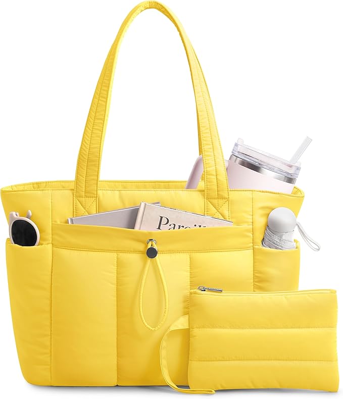 TOPDesign Puffy Tote Bag for Women with Cup Holder & Laptop Compartment & Cosmetic Bag & Trolley Sleeve for Work, Travel