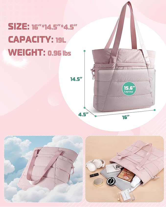 Puffer Tote Bag for Women, Lightweight Tote Bag for Work and School, Pink