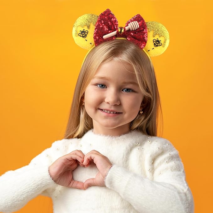 zhezesmila Mouse Ears Headbands 2 Sets Honey Bee Sequin Minn Ears Scrunchies Yellow Bear Ears Hair Accessories for Women Carnival Birthday Party