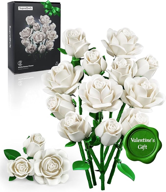 iATOM White Rose Bouquet Building Set, 12Pcs Wedding Flower Botanical Collection for Adult, Valentine's Day Gift for Her/Girlfriend/Mom/Wife/Couple, Boho Modern Home Office Table Centerpiece Decor