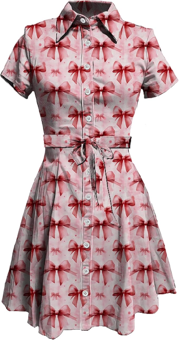 MARSVOVO Cute T Shirt Dress for Women Short Sleeve Button Up Tie Waist Elegant Casual Collared Smocked Midi Dress