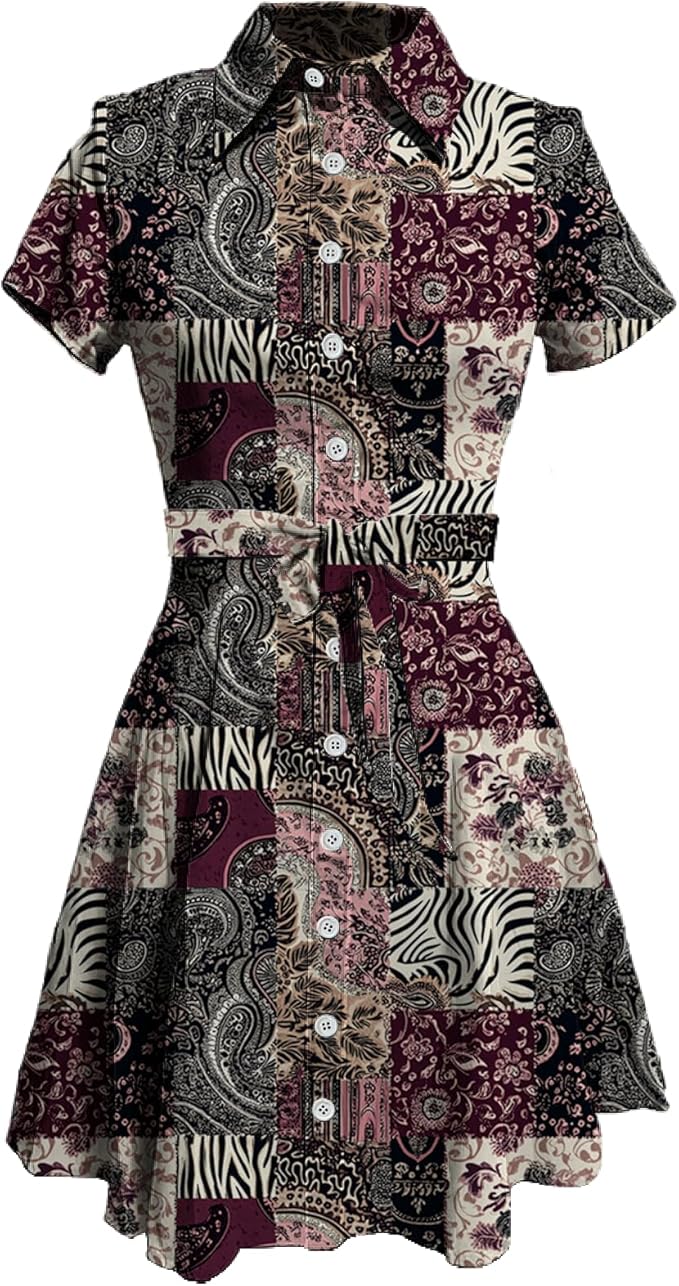 MARSVOVO Vintage Retro Shirt Dress for Women Short Sleeve Button Down Tie Waist Elegant Smocked Knee Length Dress