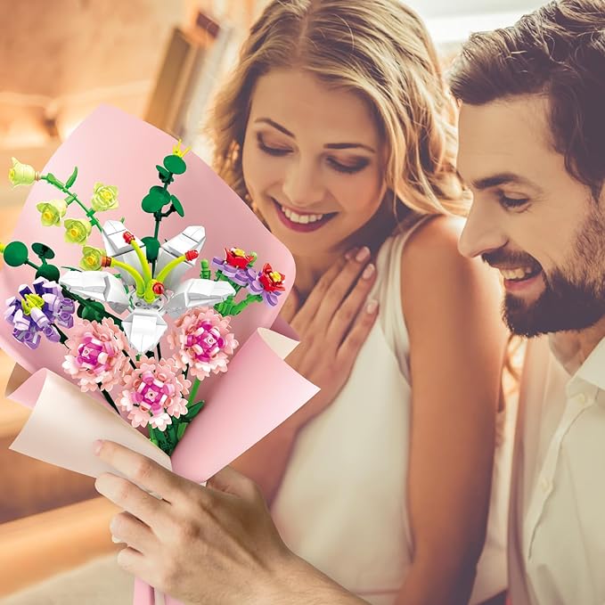 Chodia Flower Bouquet Building Blocks Artificial Pink Carnation Botanical Collection Bricks Sets Kits Christmas X'Mas Birthday Anniversary Valentine Gifts for Adults Women Mom Girlfriends(514PCS)