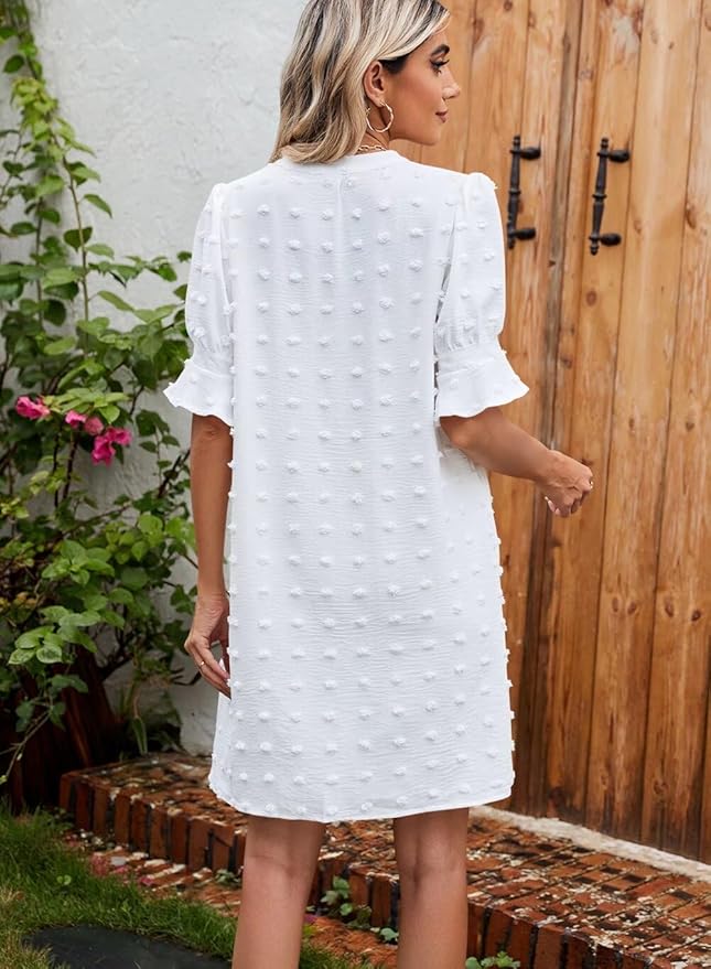 QACOHU Summer Dresses for Women V Neck Ruffle Short Sleeve Casual Shift Dress
