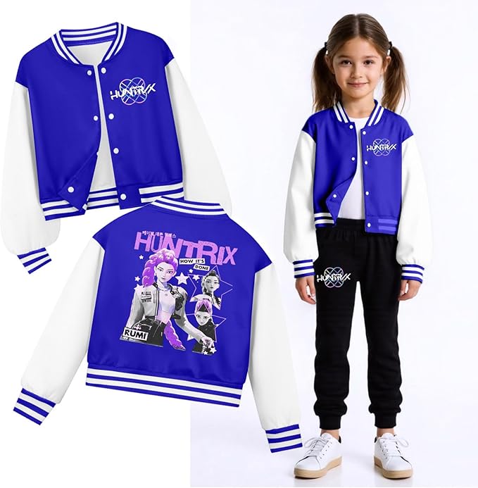 K PopGirls Kpop Tracksuit Cute Cartoon Print Baseball Coats Fashion Long Sleeve Jackets and Pants Christmas Costume Set