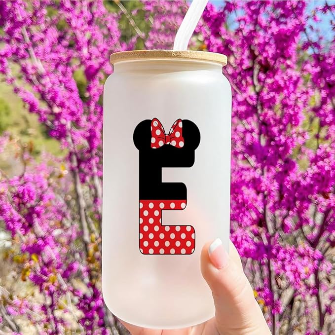 Cute Cartoon Mouse Lover Gifts Initial A-Z Personalized Iced Coffee Cup Magic Mouse Stuff Wizard Gift 16oz Glass Cup with Lid and Straws Birthday Christmas Gifts for Women Teen Girls (Letter E)