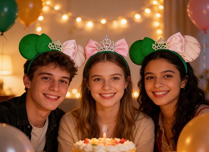 WW-WONDERFULWORLD Witch & Fairy Mouse Ears Headband, Green and Pink Two-Tone Design, Crystal Crown Tiara, Halloween Costume Accessory, for Birthday Party, Daily Fashion Headwear