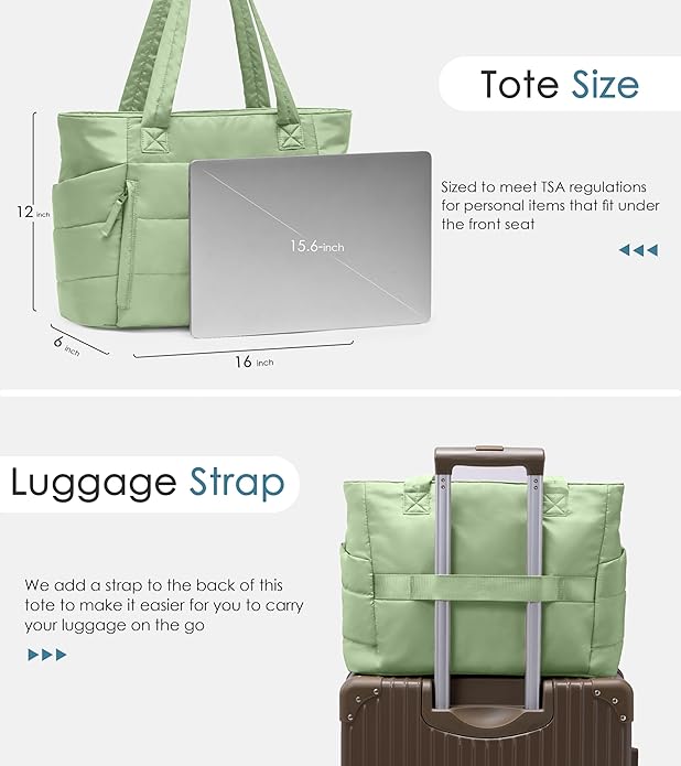 Tote Bag for Women with Zipper, Quilted Puffer Tote Bag with Compartments, Lightweight Puffy Work Bags for Women Travel