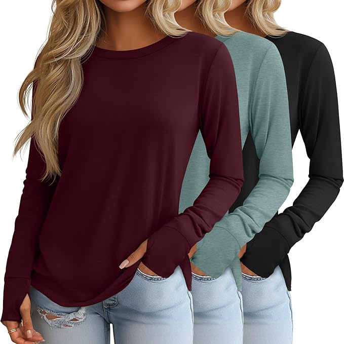 Huukeay 3 Pack Women's Long Sleeve Shirts with Thumb Holes, Cotton Casual Crew Neck Tunic Tops Fall Loose Y2k Trendy Outfits