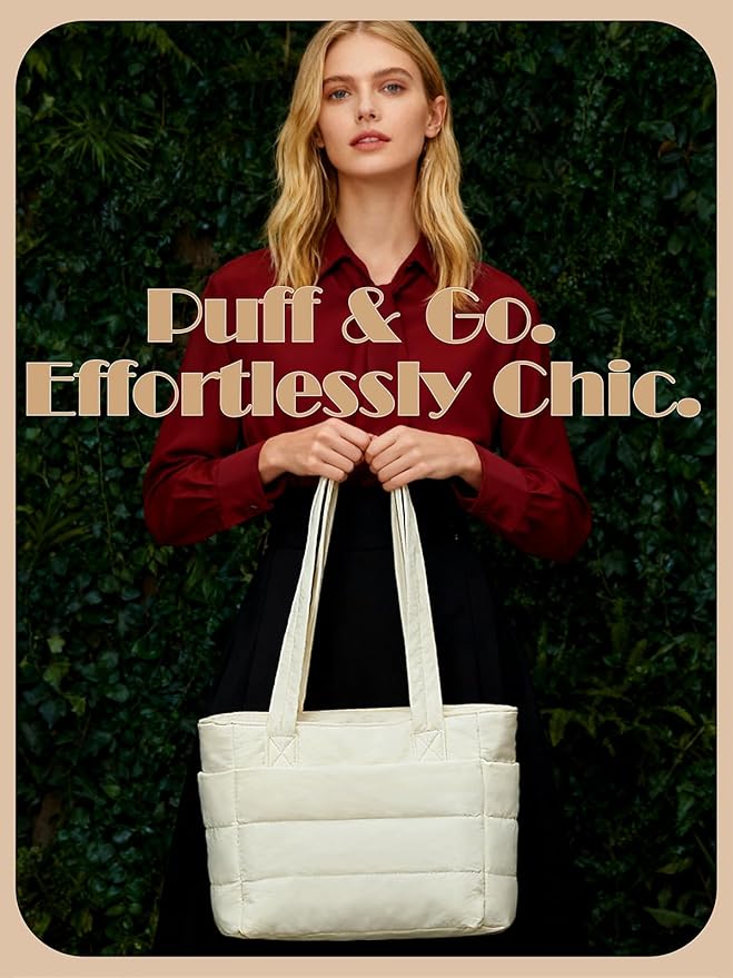 Puffer Tote Bag for Women, Lightweight Laptop Bag with Zipper Quilted Shoulder Bag for Work, Travel, Gym