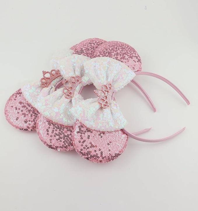 LIHELEI Mouse Ears Headband for Princess, Pink Minnie Ears for Women Halloween Costume, Sequin Bows Headwear Hair Accessories for Women - Pink