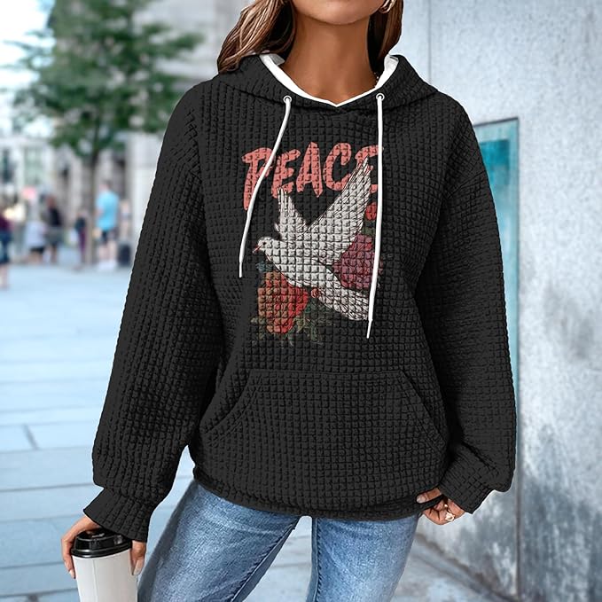 domirica Black Pullover Sweatshirts For Women Trendy Long Sleeve Waffle Sweatshirt With Hood Comfy Fall Clothing Qutfits