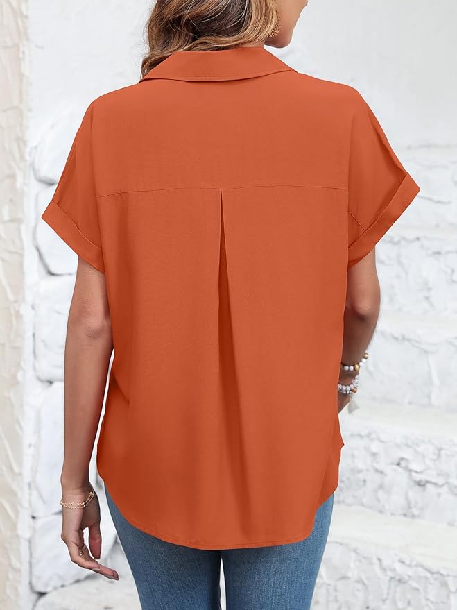 Womens Button Down Shirt Casual Short Sleeve Collared Work Blouse with Pocket
