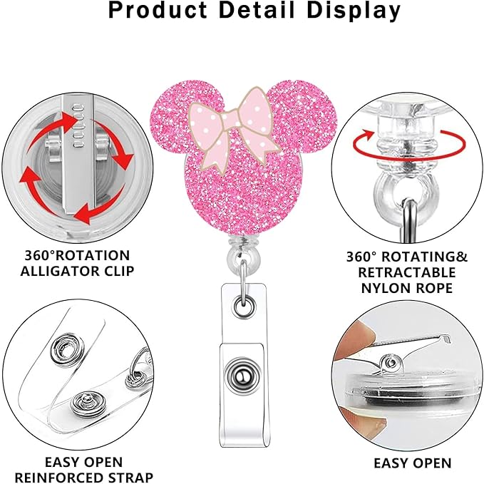 Pink Bow Badge Reels Retractable Funny Cute Badge Holder with Badge Reel ID Clip Name Tag Card Tag Card Badge Clip Acrylic Accessories Gifts Nurse