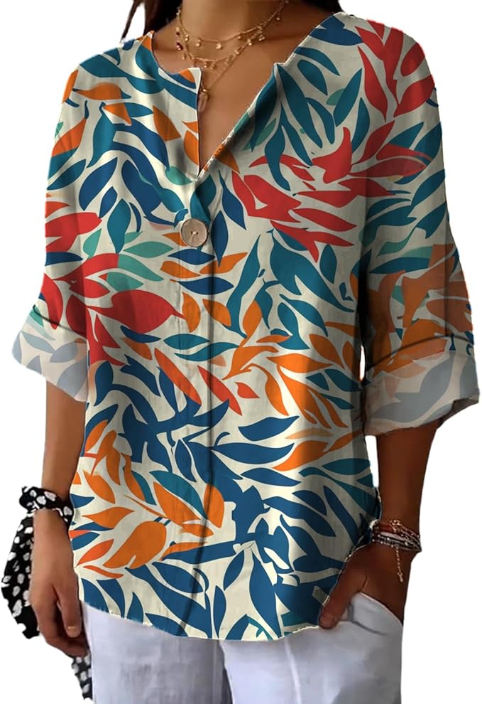 Long Sleeve Shirts for Women V Neck Button Boho Graphic Blouses Casual Collared Fashion Summer Flowing Tops
