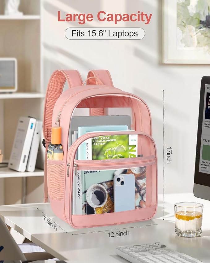 KIMNERPU Clear Backpack, Heavy Duty Transparent Bookbag for School, Fabric & PVC Transparent Backpack with Reinforced Strap for Women Men, Capacity Clear Bag for College, Travel, Security, Pink