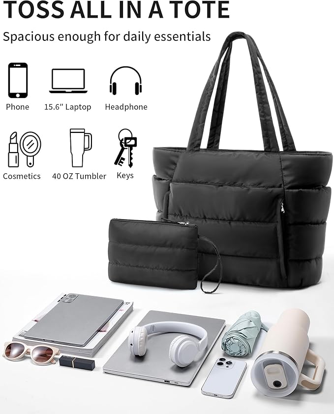 Puffer Tote Bag for Women, Lightweight Puffy Work Handbag Teacher Nurse Quilted Shoulder Bag for School Travel Gym | Quilted, with Zipper, Daily Carry On Bags, Comfy College Bags, 15.6" Laptop Sleeve, Cup Holder Pocket, Portable, Spacious