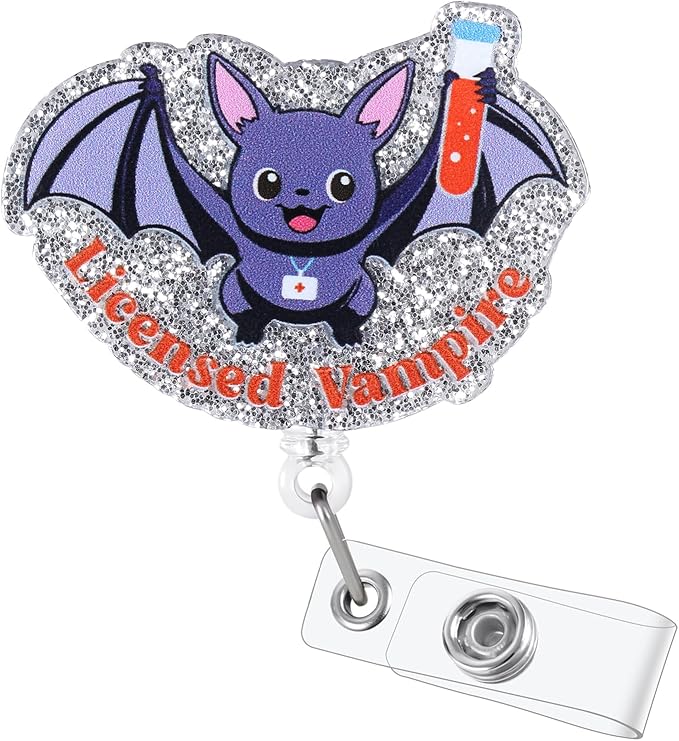 Funny Licensed Vampire Badge Reel, Cute Phlebotomy Nures Retractable ID Card Badge Holder, Name Tag Medical Work Badge Clip for RN LPN CNA MA ER Night Shift Nurse Nursing Student Doctor, Nurse Gifts