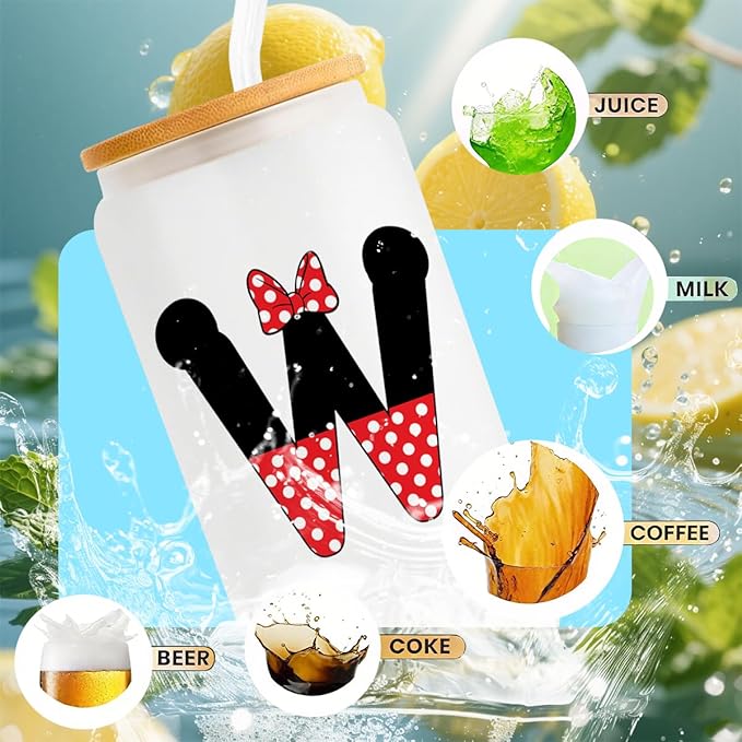 Cute Cartoon Mouse Lover Gifts Initial A-Z Personalized Iced Coffee Cup Magic Mouse Stuff Wizard Gift 16oz Glass Cup with Lid and Straws Birthday Christmas Gifts for Women Teen Girls (Letter W)