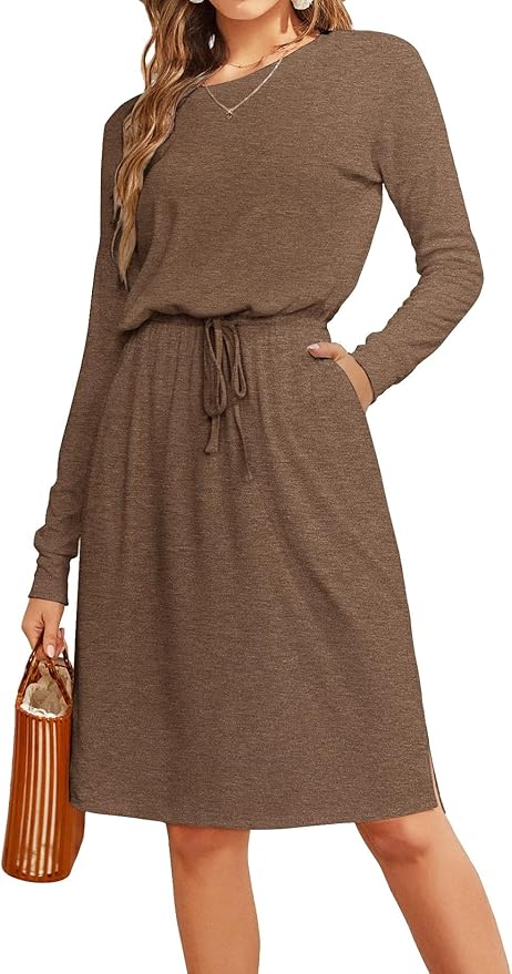 Simier Fariry Womens Spring Hide Belly Knee Length Travel Dress Pocket Summer Short Sleeve Midi Work Casual Outfits