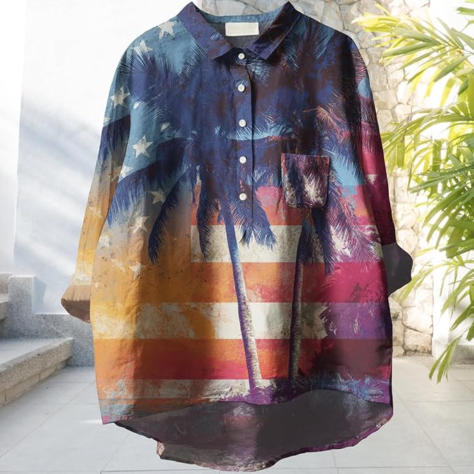 Womens Boho Tops 3/4 Long Sleeve Floral Blouses Hawaii Beach Button Down Shirts V Neck Pullover Casual Tunics