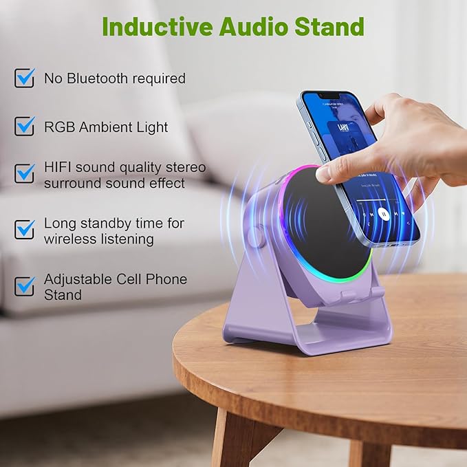Wireless Induction Speaker, 4 in1 Phone Stand Bluetooth Speaker Amplifier with Colorful Ambient Light 360° Rotation Holder for Tablet iPhone Android,Portable Gifts for Adults Teens (Purple)