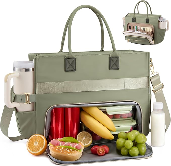 LOVEVOOK Insulated Lunch Bag,2-in-1 Work Tote Bag with Lunch Compartment,Large Capacity Professional Work Bag for Women,15.6 Inch Laptop Bag with Cup Holder for Teacher,Nurse,College,Office,Travel
