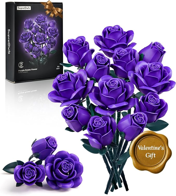 iATOM Purple Rose Bouquet Building Set, 12Pcs Flowers Botanical Collection for Adults Women, Valentine's Day Gift for Her/Girlfriend/Mom/Wife/Couple, Purple Retro Home Office Table Centerpiece Decor