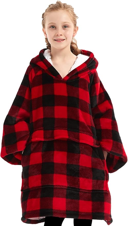 KFUBUO Wearable Blanket Hoodie for Kids Sherpa Patterns Oversized Sweatshirt Blanket With Pocket 6-10 Year Old Girl Boy Red Plaid