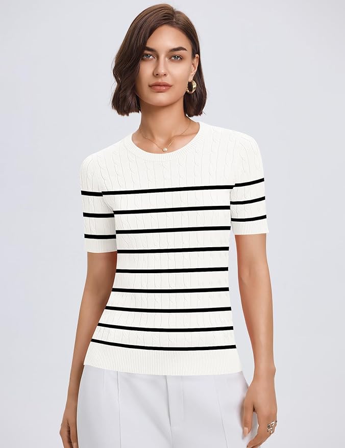Micoson Womens Short Sleeve Cable Knit Sweater Tops Crewneck Lightweight Spring Summer Shirts Business Dressy Casual Outfits