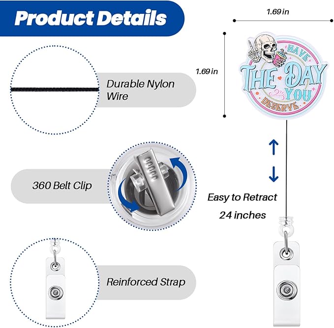 Have The Day You Deserve Badge Reel, Funny Badge Holder Retractable Clip, Sarcastic Skeleton Humorous Name Tag Holder, Work Badge Reel, Nurse Doctor Gifts, RN LPN CNA MA Nurse Medical Assistant Badge