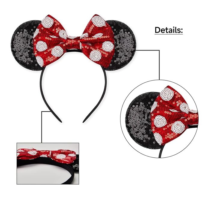 RAZKO Sequin Mouse Ears Headband, Red Polka dot Mice Ears Hairband Princess Headband for Women Girls Hair Accessories (Polka dot)