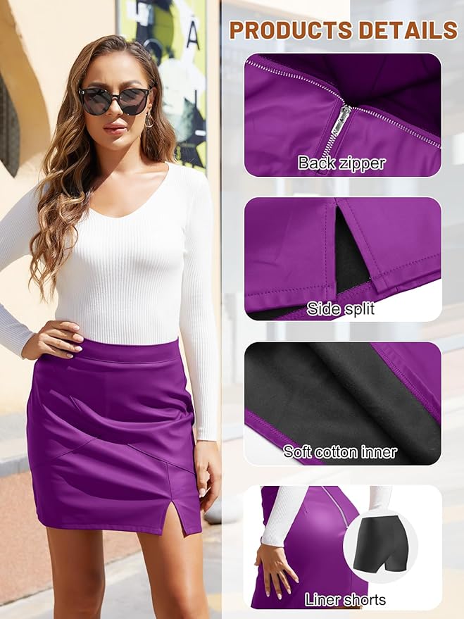 We1Fit Womens Fuax Leather Skirt High Waisted Bodycon Pencil Mini Skirts with Shorts