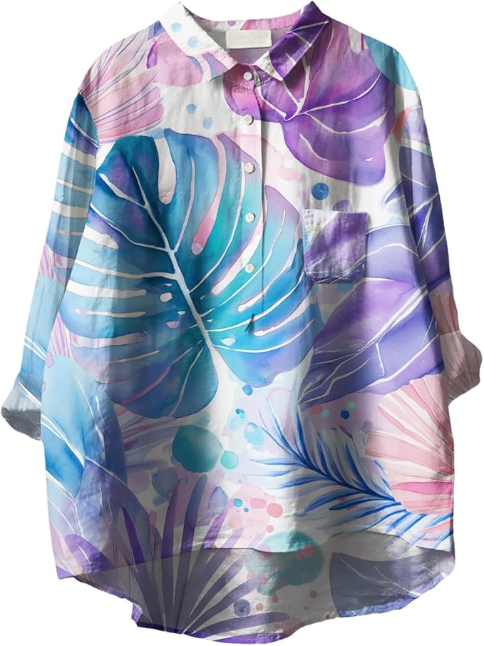 Womens Boho Tops 3/4 Long Sleeve Floral Blouses Hawaii Beach Button Down Shirts V Neck Pullover Casual Tunics