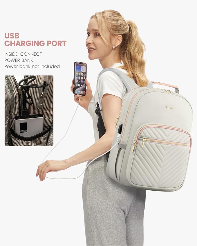LOVEVOOK Laptop Backpack for Women, Travel Computer Work Bags with 17-inch Laptop Compartment, College School Student Bag Teen Backpacks For Girls, Outdoor Carry On Backpack Purse, Grey Pink
