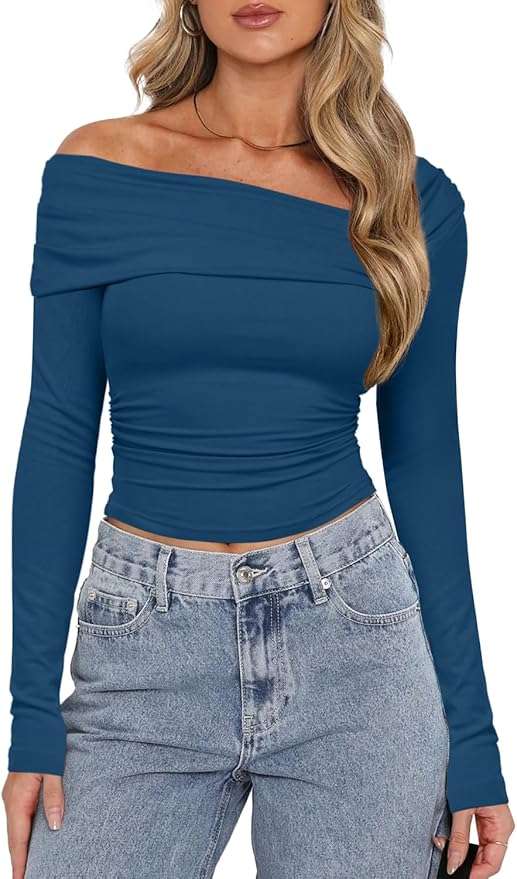 Darong Women's Off Shoulder Tops Y2K Shirt Slim Fit Ruched Crop Top Long Sleeves Spring Fall Blouse Going Out Shirt
