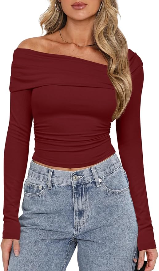 Darong Women's Off Shoulder Tops Y2K Shirt Slim Fit Ruched Crop Top Long Sleeves Spring Fall Blouse Going Out Shirt