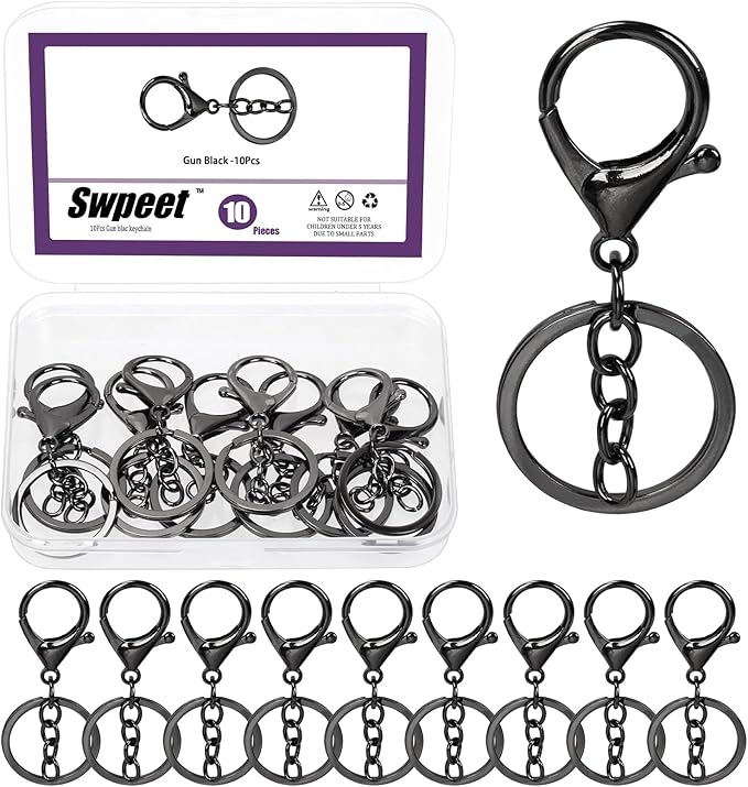 Swpeet 10Pcs Gloss Black Lobster Claw Clasps with Key Chain and Flat Split Keychain Ring Assortment Kit, Swivel Clasps Hook Clips Swivel Snaps Hooks for Purse Strap Keychain DIY Crafts