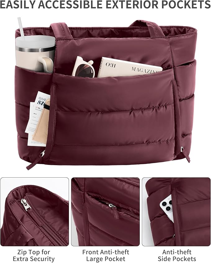 Puffer Tote Bag for Women, Lightweight Puffy Work Handbag Teacher Nurse Quilted Shoulder Bag for School Travel Gym | Quilted, with Zipper, Daily Carry On Bags, Comfy College Bags, 15.6" Laptop Sleeve, Cup Holder Pocket, Portable, Spacious