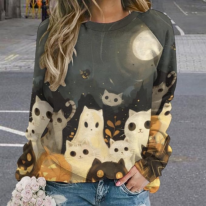 Spatofa Womens novelty funny cat printed crewneck sweatshirt casual loose long sleeve graphic pullover sweatshirts tops