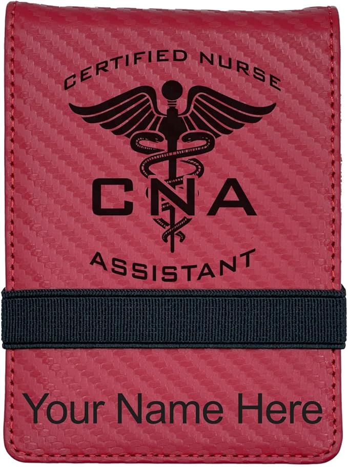 LaserGram Mini Padfolio with Notepad and Pen, CNA Certified Nurse Assistant, Personalized Engraving Included (Carbon Fiber Red)