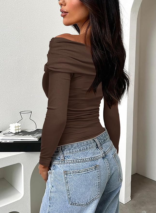 Darong Women's Off Shoulder Tops Y2K Shirt Slim Fit Ruched Crop Top Long Sleeves Spring Fall Blouse Going Out Shirt