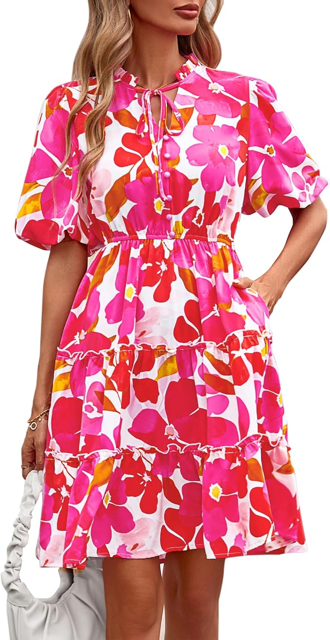 BTFBM Women Summer Floral Short Dresses V Neck Short Sleeve Tiered Ruffle Boho Swing Dress A-Line Mini Dresses