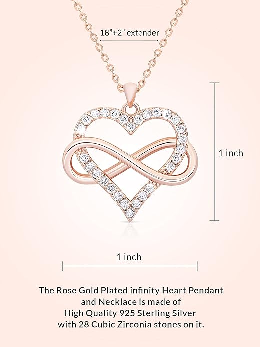 Sash & Soph Infinity Heart Necklace for Women. 925 Sterling Silver Heart Necklace for Girlfriend, Love Heart Pendant on 18" Chain with 2" Extender (Rose Gold or Gold Plated)
