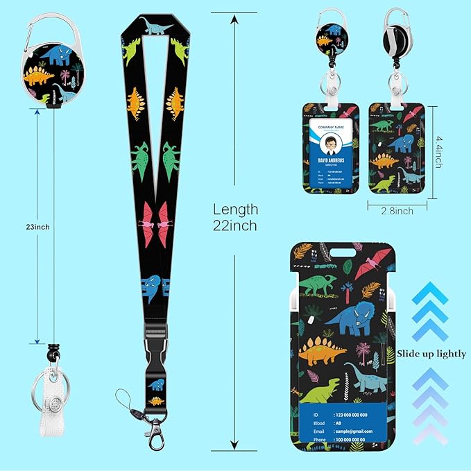 ID Badge Holder with Breakaway Lanyard, Cute Dinosaur Badge Reel Retractable Heavy Duty and Detachable Name Tag Clips, Lanyard Reel Lanyards for Id Badges, Kids Nurse Teacher Office Gifts