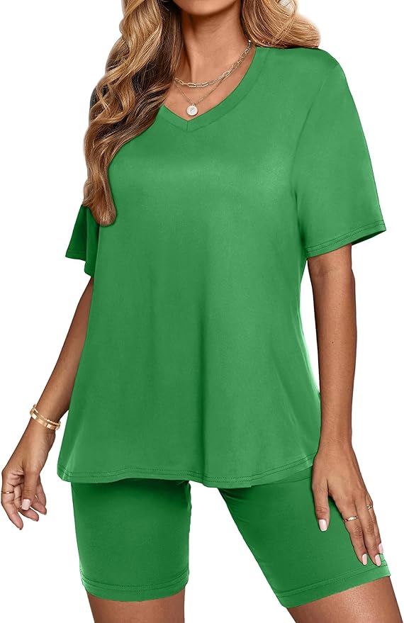AGSEEM Two Piece Outfits For Women Summer V Neck T-Shirt Tops Biker Shorts Workout Sports Tracksuit