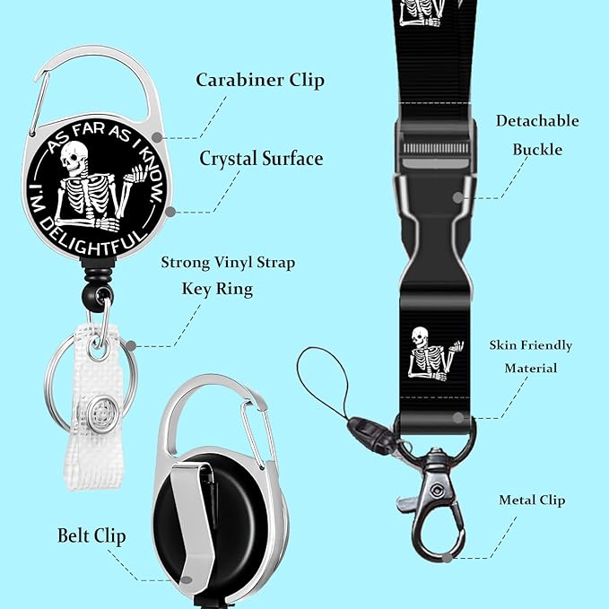 Skeleton ID Badge Holder Funny Breakaway Lanyard, Skull Cute Badge Reel Retractable Heavy Duty and Detachable Name Tag Clips, Lanyard Reel Lanyards for Id Badges, Nurse Teacher Office Gifts